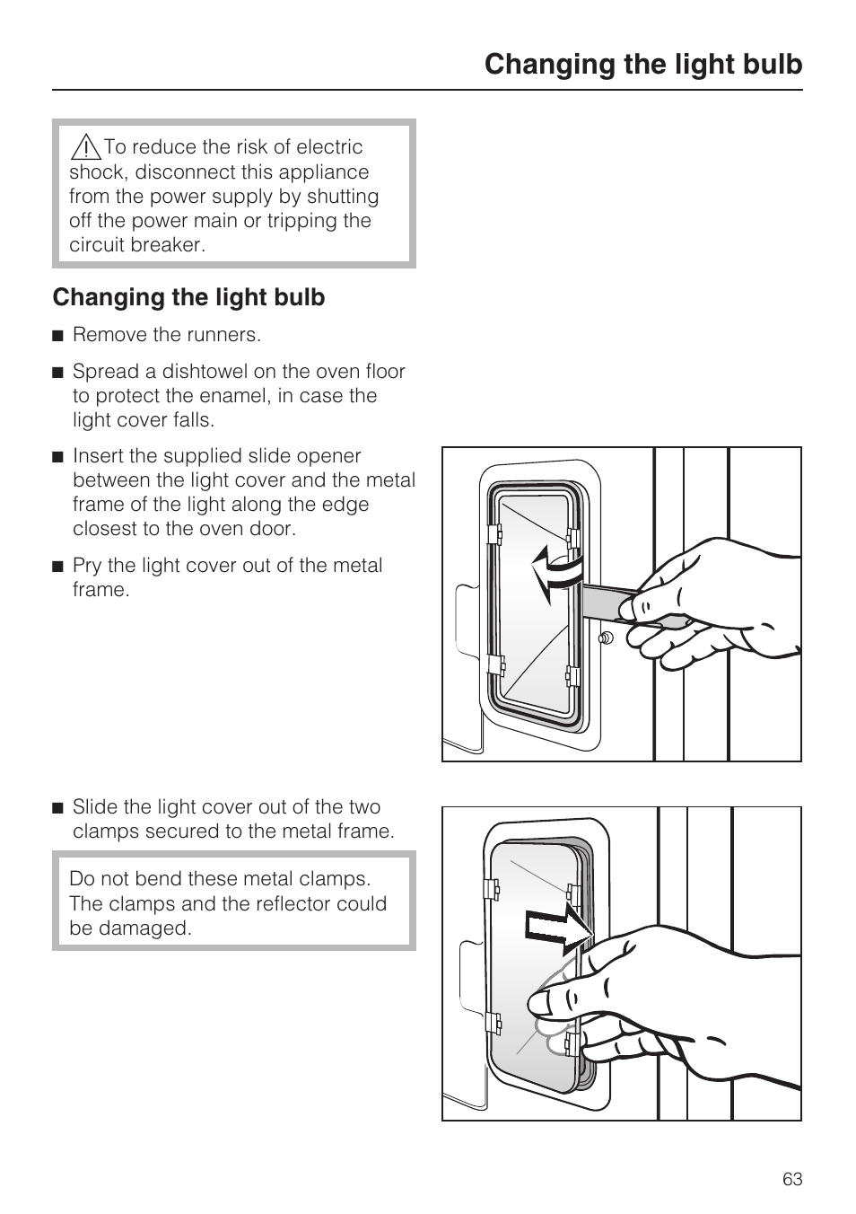 Changing the light bulb 63, Changing the light bulb | Miele H 4684 B User Manual | Page 63 / 76