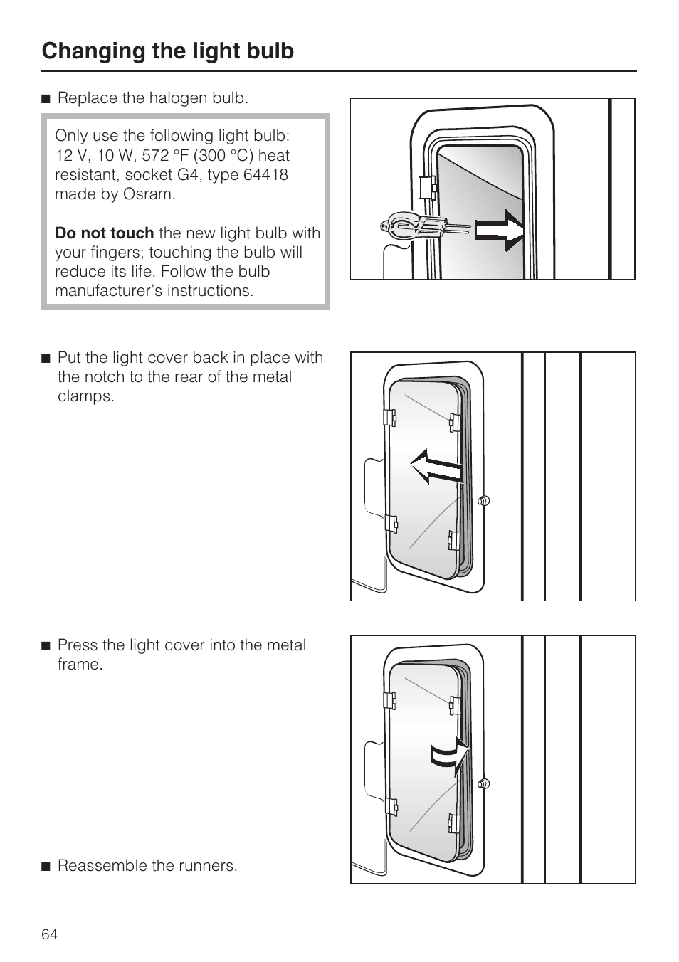 Changing the light bulb | Miele H 4684 B User Manual | Page 64 / 76