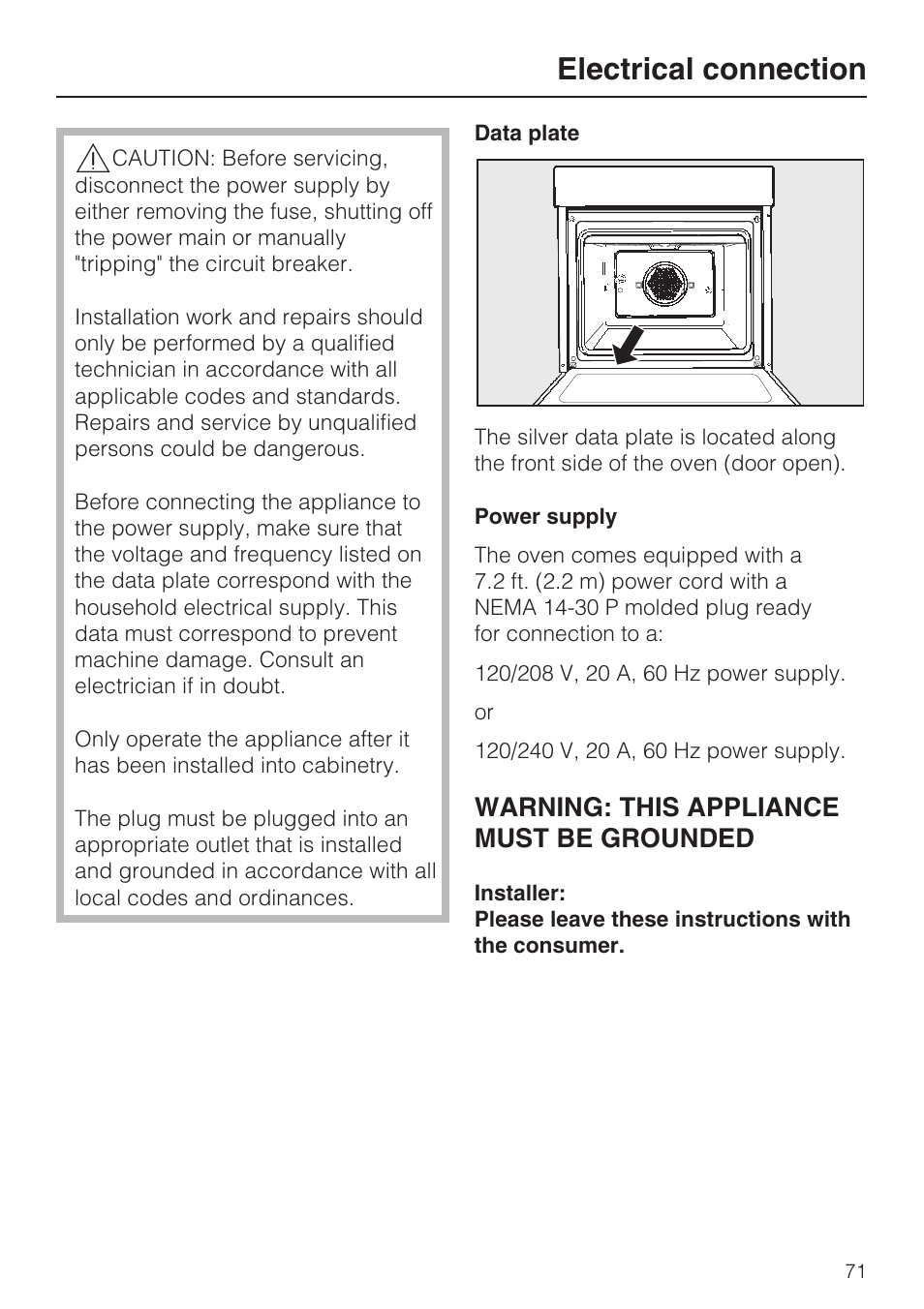 Electrical connection 71, Electrical connection, Warning: this appliance must be grounded | Miele H 4684 B User Manual | Page 71 / 76