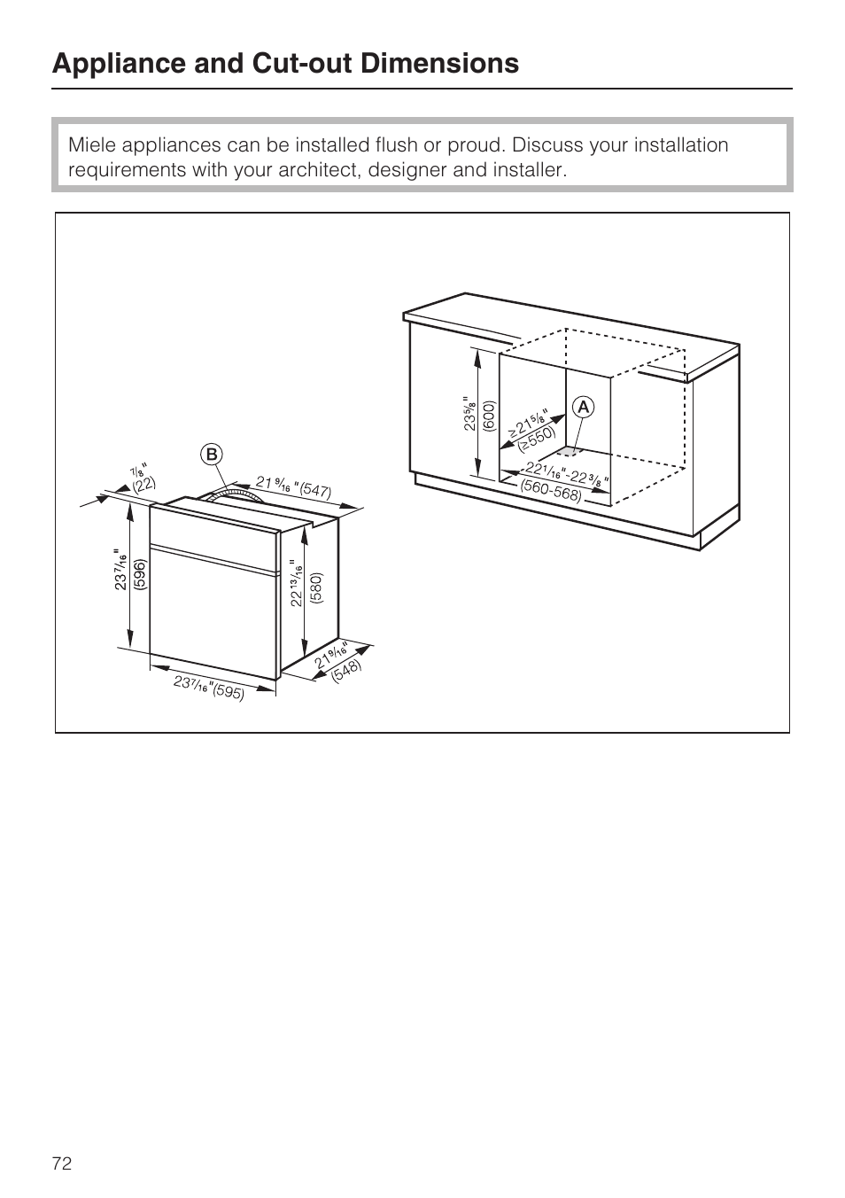 Appliance and cut-out dimensions 72, Appliance and cut-out dimensions | Miele H 4684 B User Manual | Page 72 / 76