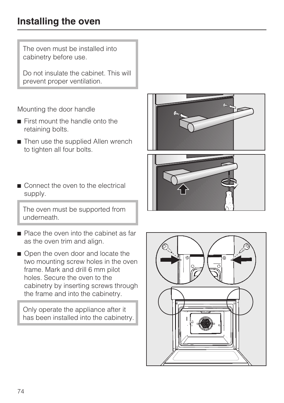 Installing the oven 74, Installing the oven | Miele H 4684 B User Manual | Page 74 / 76