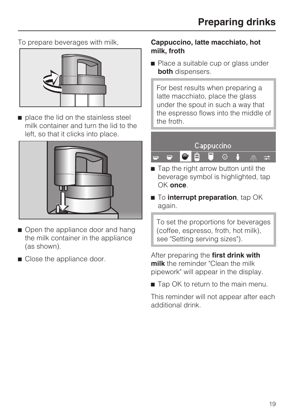 Preparing drinks | Miele CVA 4066 User Manual | Page 19 / 76