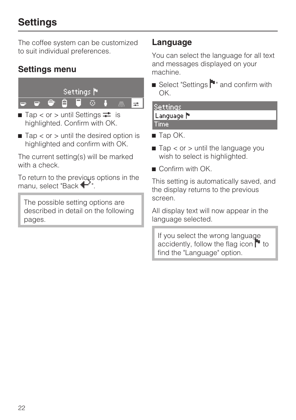 Settings 22, Language 22, Settings | Settings menu, Language | Miele CVA 4066 User Manual | Page 22 / 76