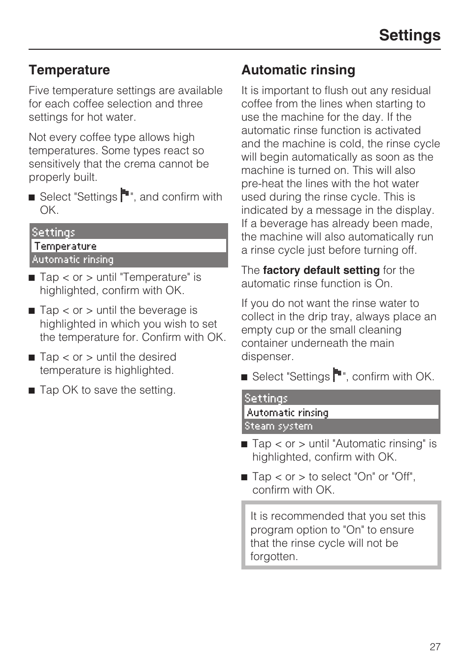 Temperature 27, Automatic rinsing 27, Settings | Temperature, Automatic rinsing | Miele CVA 4066 User Manual | Page 27 / 76