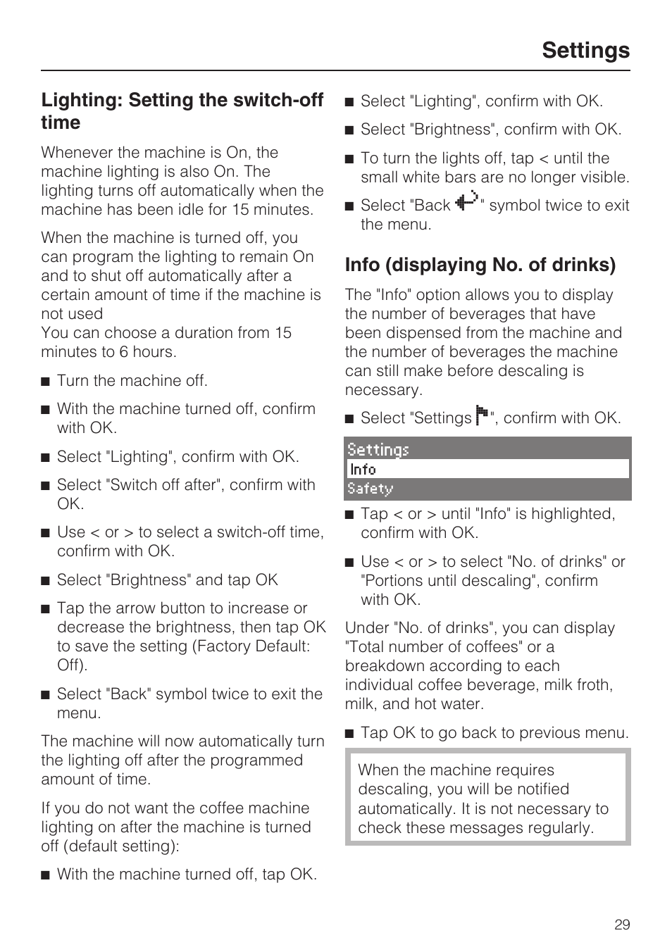 Lighting: setting the switch-off time 29, Info (displaying no. of drinks) 29, Settings | Lighting: setting the switch-off time, Info (displaying no. of drinks) | Miele CVA 4066 User Manual | Page 29 / 76
