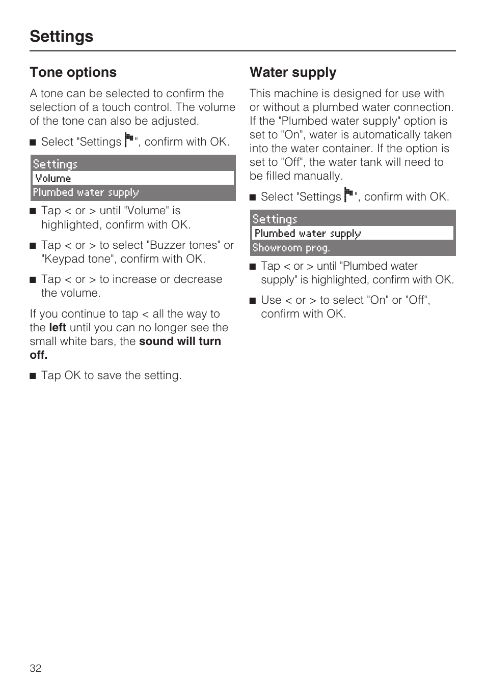 Tone options 32, Water supply 32, Settings | Tone options, Water supply | Miele CVA 4066 User Manual | Page 32 / 76