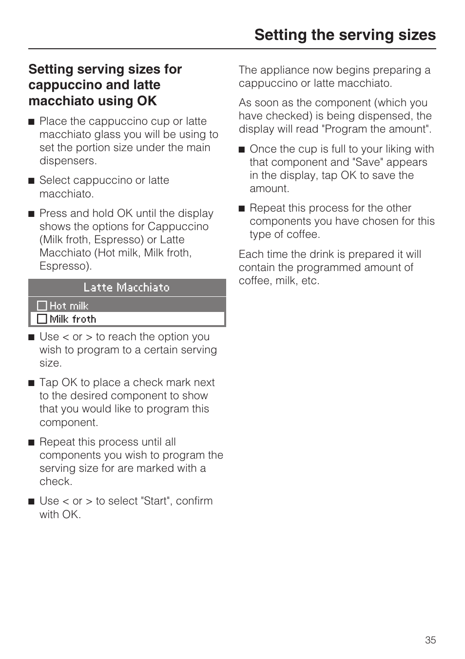 Setting the serving sizes | Miele CVA 4066 User Manual | Page 35 / 76