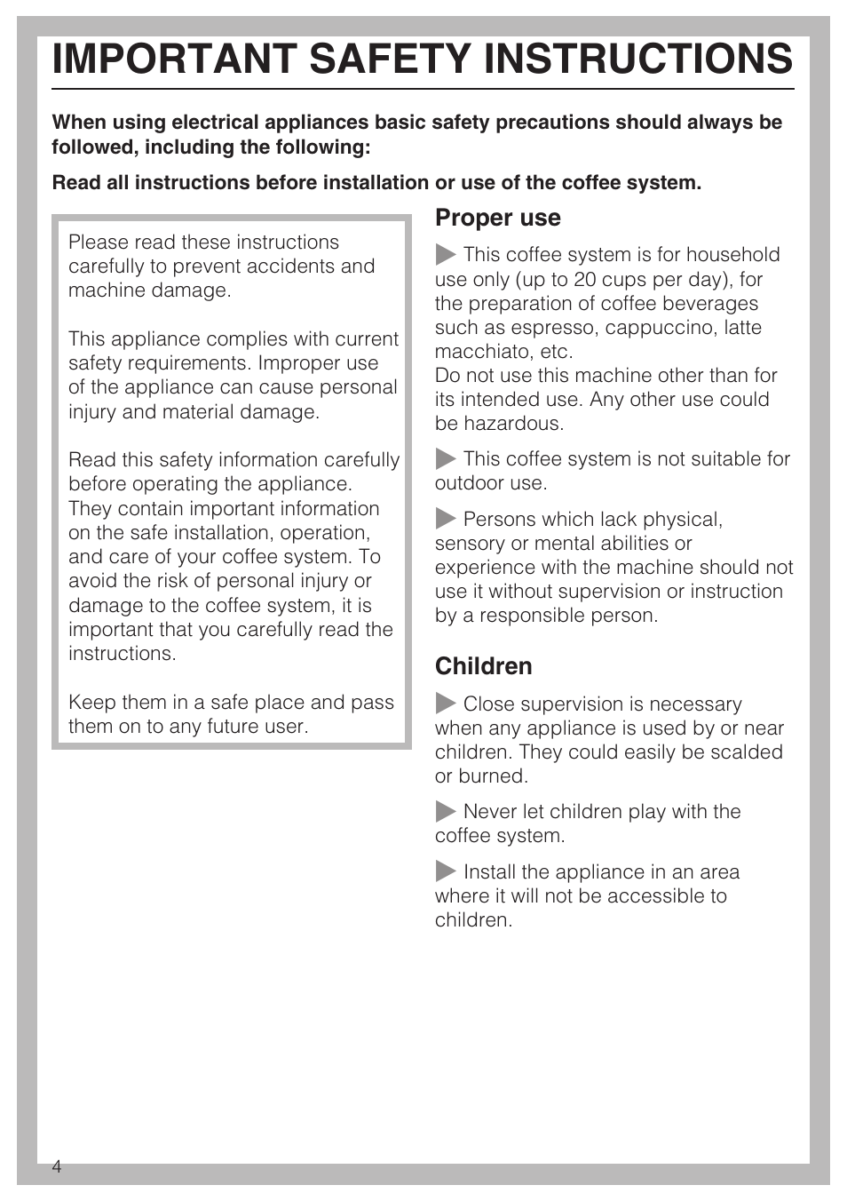 Important safety instructions 4, Important safety instructions | Miele CVA 4066 User Manual | Page 4 / 76