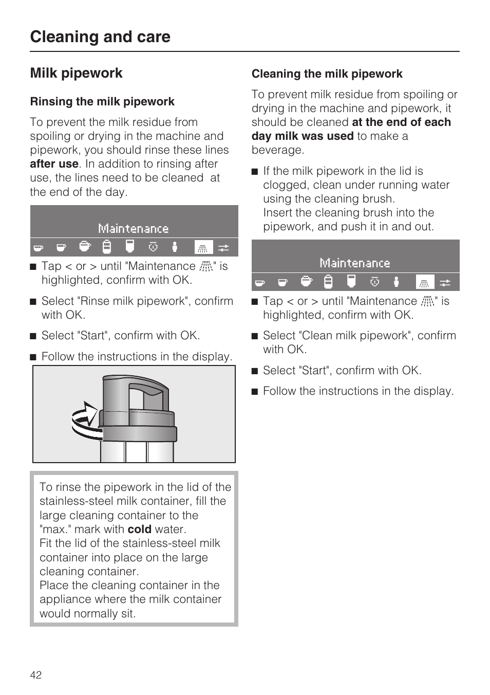 Cleaning and care, Milk pipework | Miele CVA 4066 User Manual | Page 42 / 76