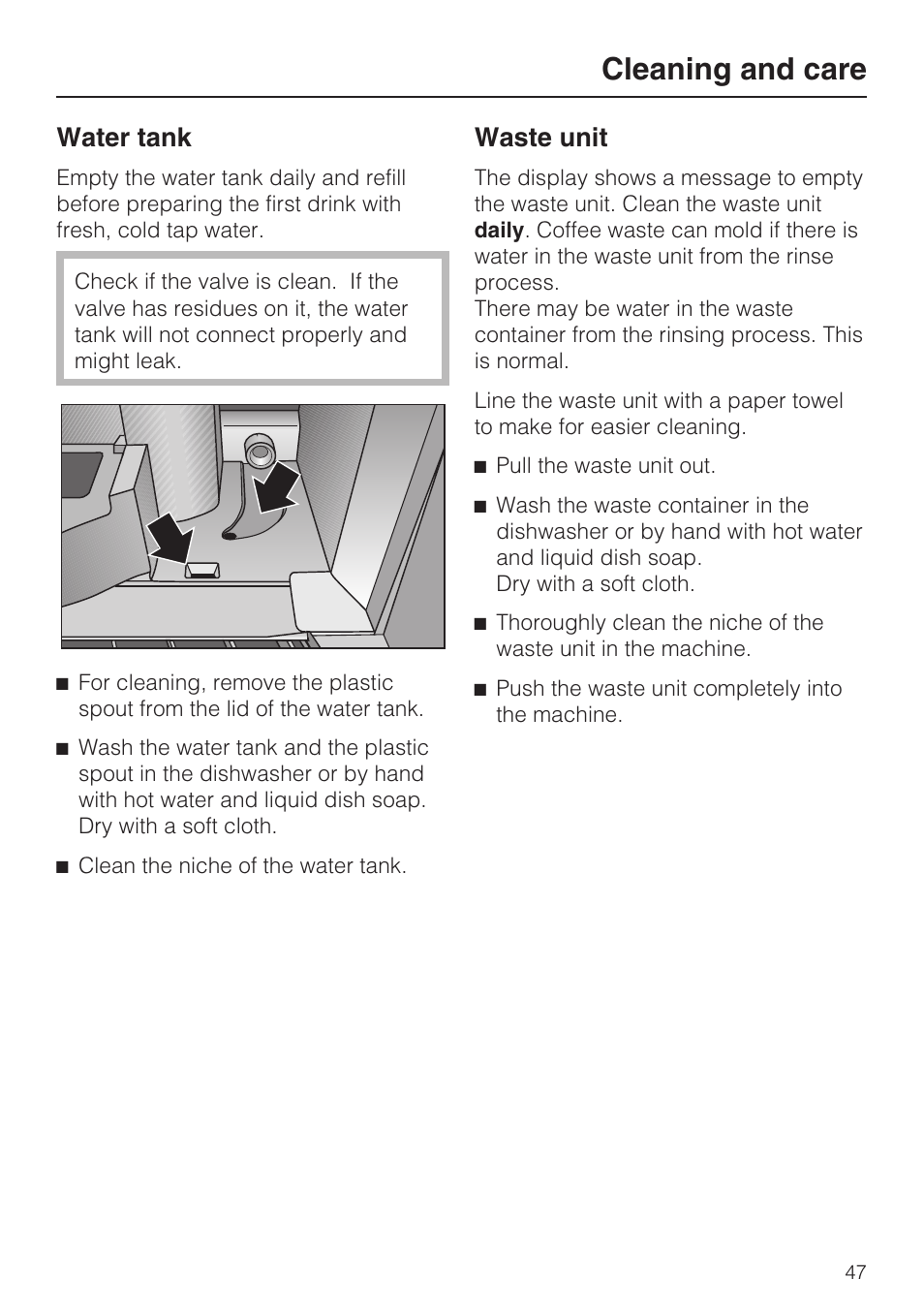Cleaning and care, Water tank, Waste unit | Miele CVA 4066 User Manual | Page 47 / 76