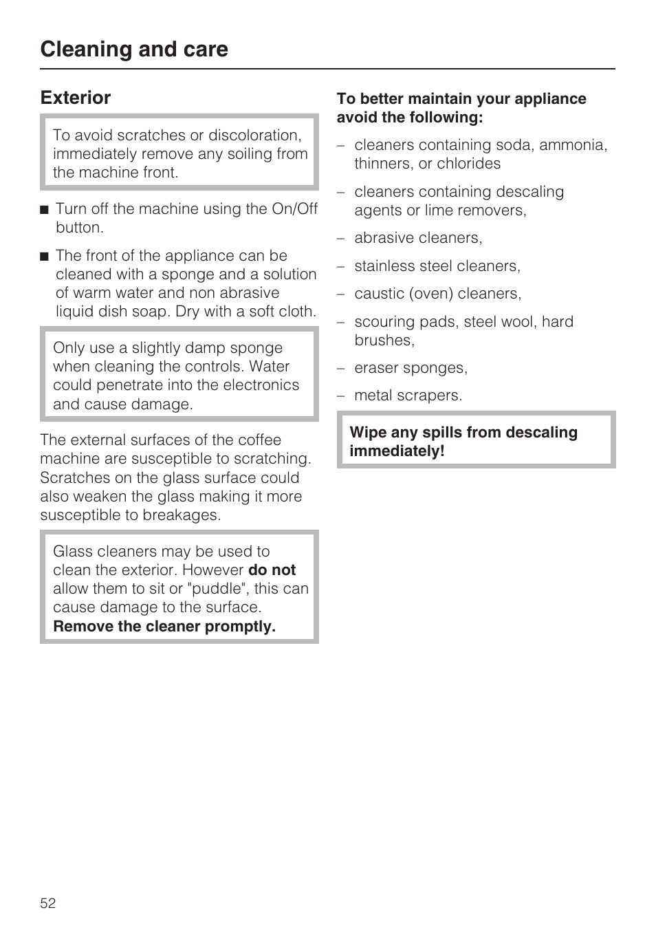 Cleaning and care, Exterior | Miele CVA 4066 User Manual | Page 52 / 76