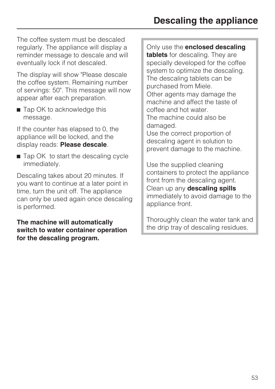 Descaling the appliance 53, Descaling the appliance | Miele CVA 4066 User Manual | Page 53 / 76