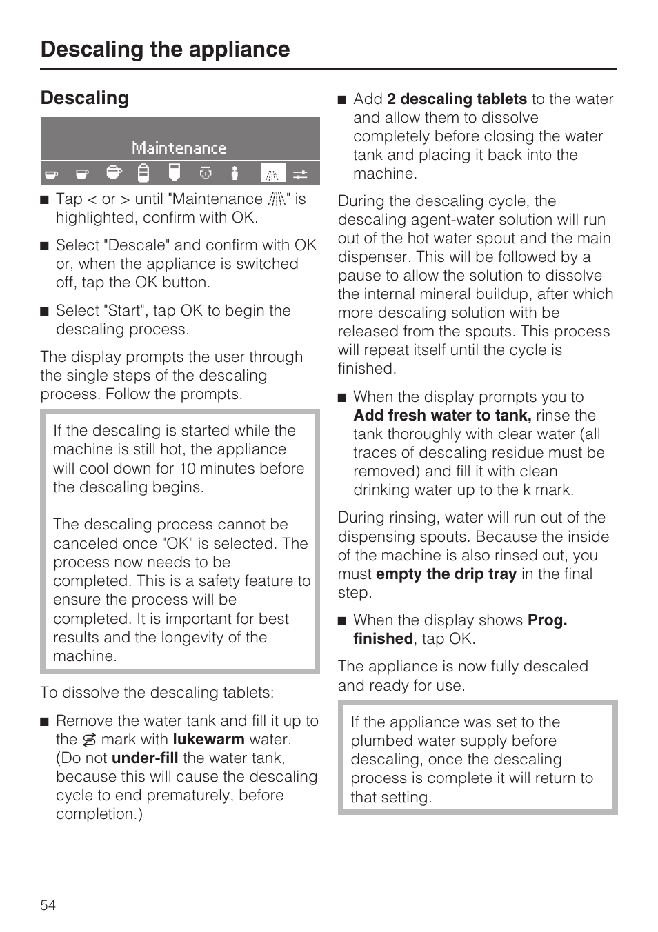 Descaling the appliance, Descaling | Miele CVA 4066 User Manual | Page 54 / 76