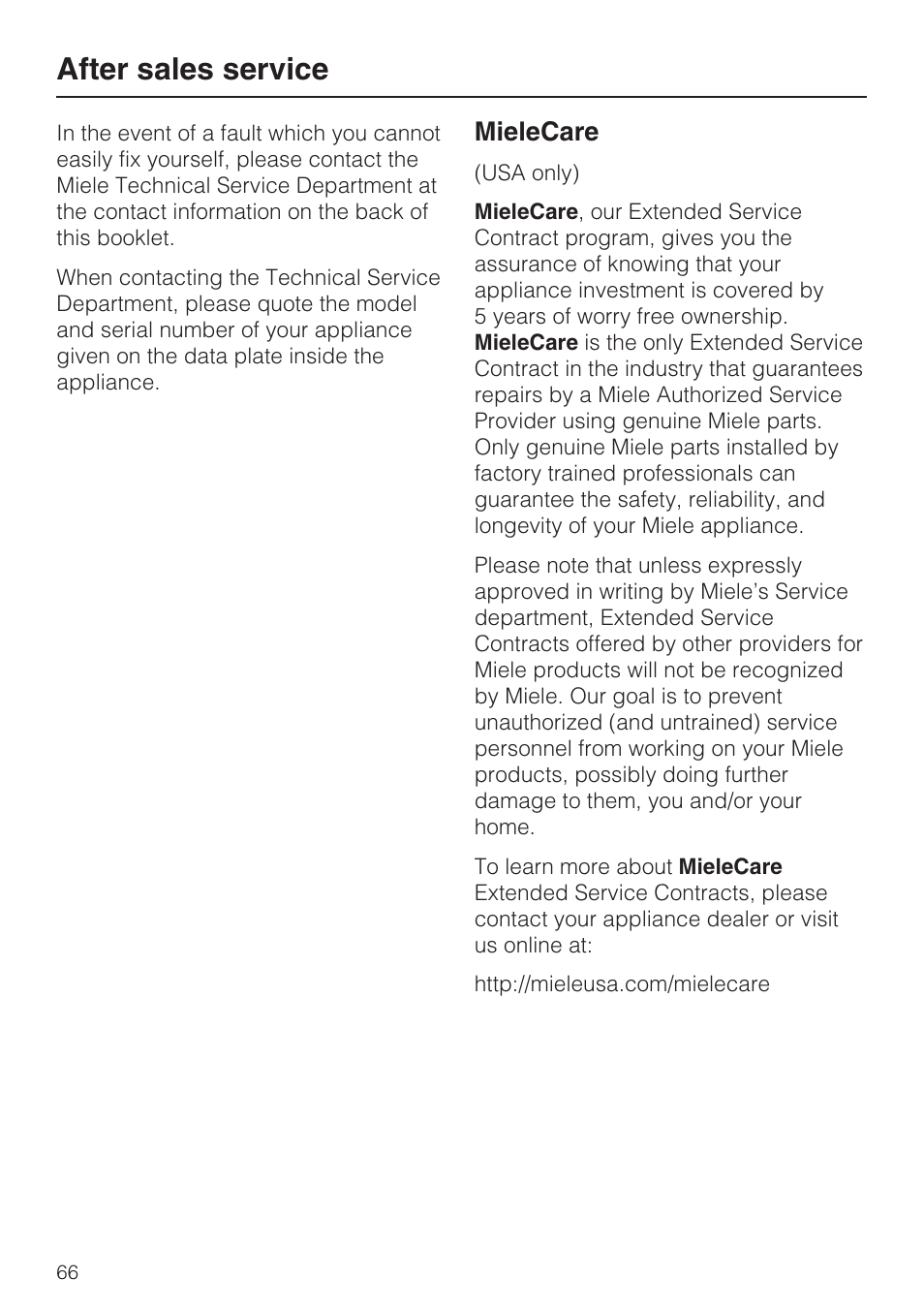 After sales service 66, After sales service, Mielecare | Miele CVA 4066 User Manual | Page 66 / 76