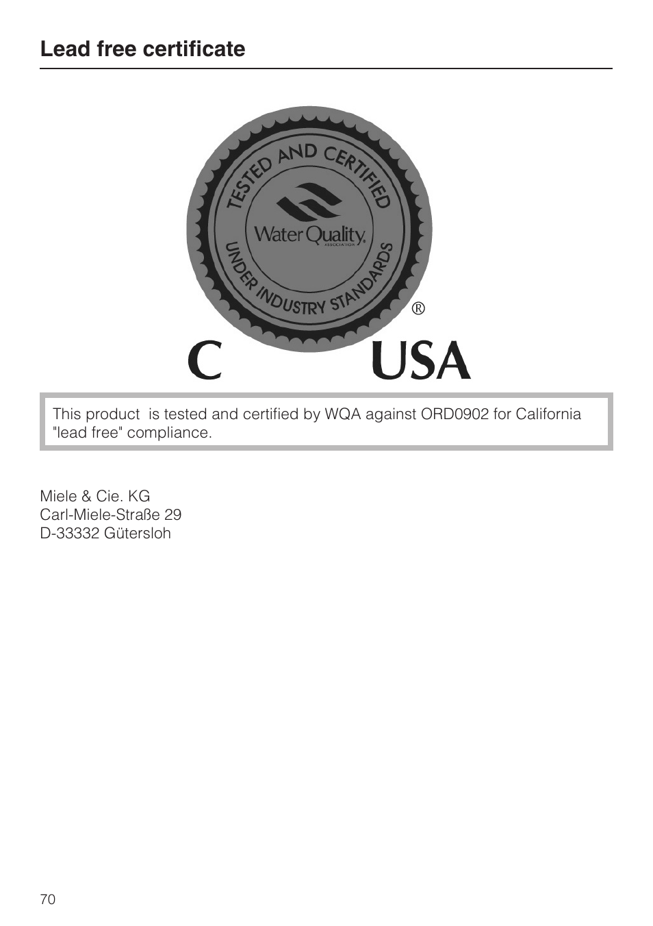 Lead free certificate 70, Lead free certificate | Miele CVA 4066 User Manual | Page 70 / 76