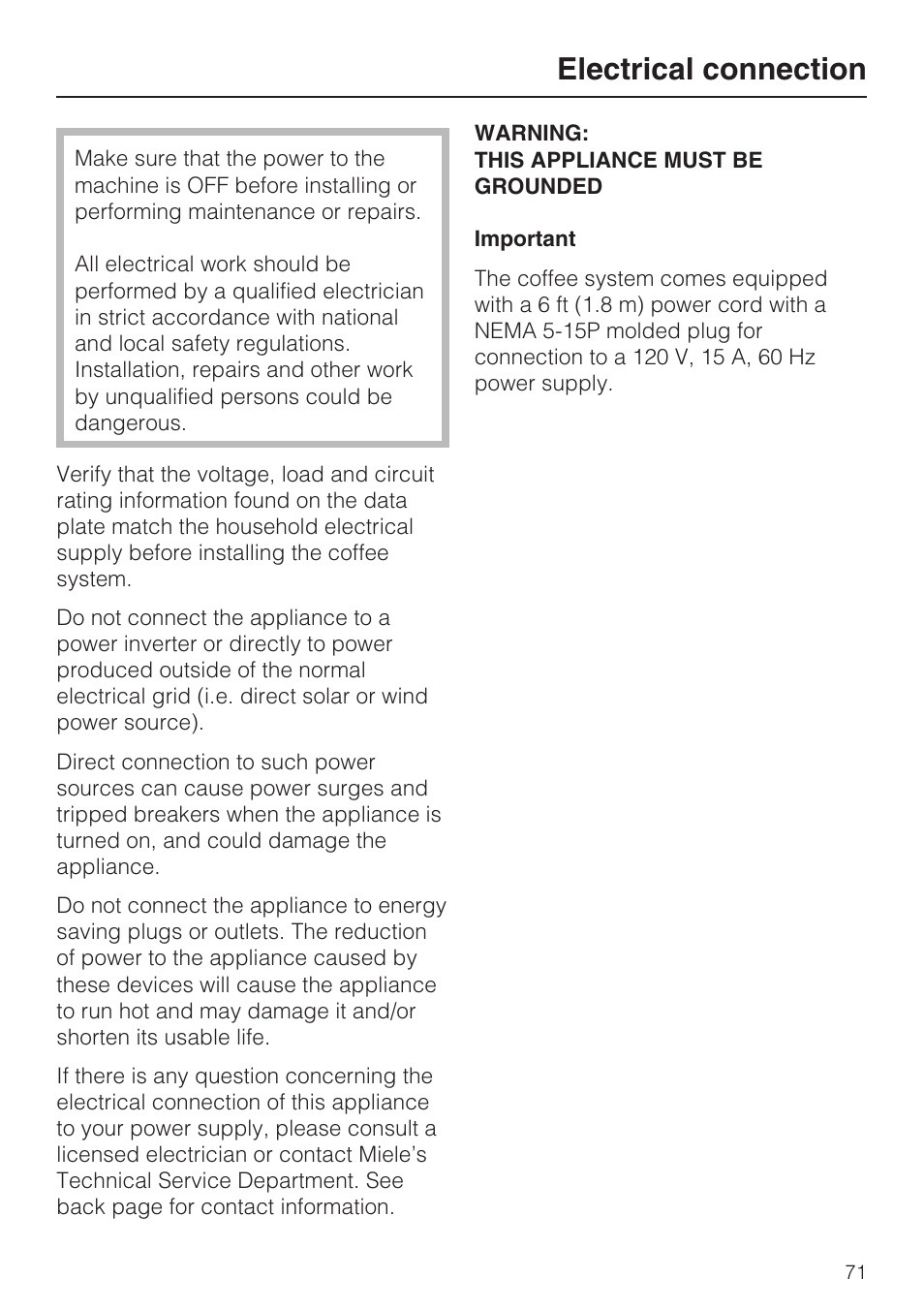 Electrical connection 71, Electrical connection | Miele CVA 4066 User Manual | Page 71 / 76