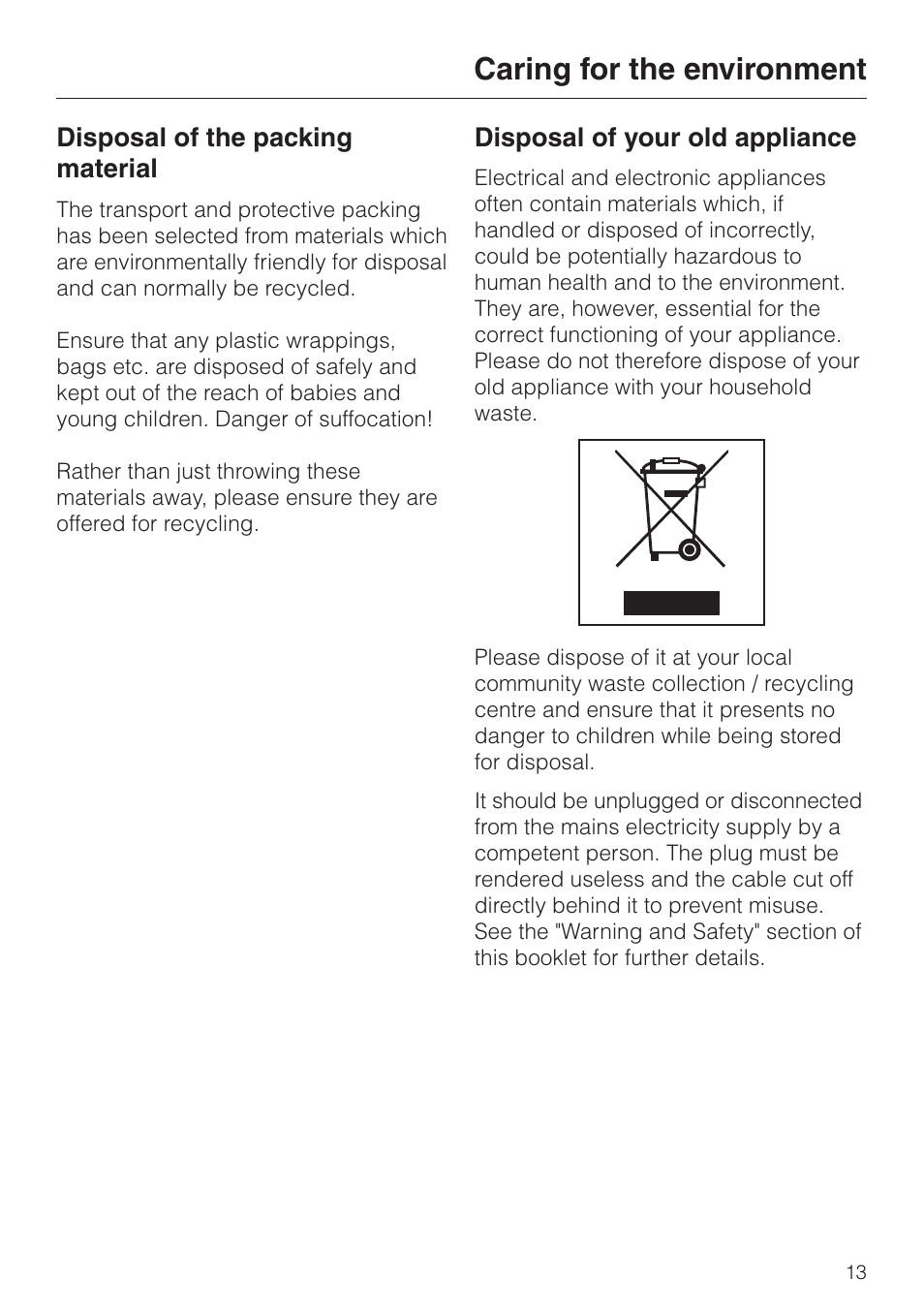 Caring for the environment 13, Caring for the environment | Miele H 4050 BM User Manual | Page 13 / 80