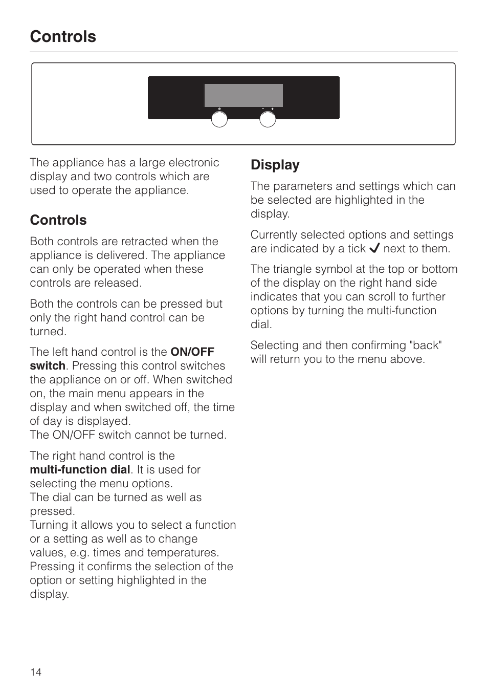 Controls 14, Controls, Display | Miele H 4050 BM User Manual | Page 14 / 80