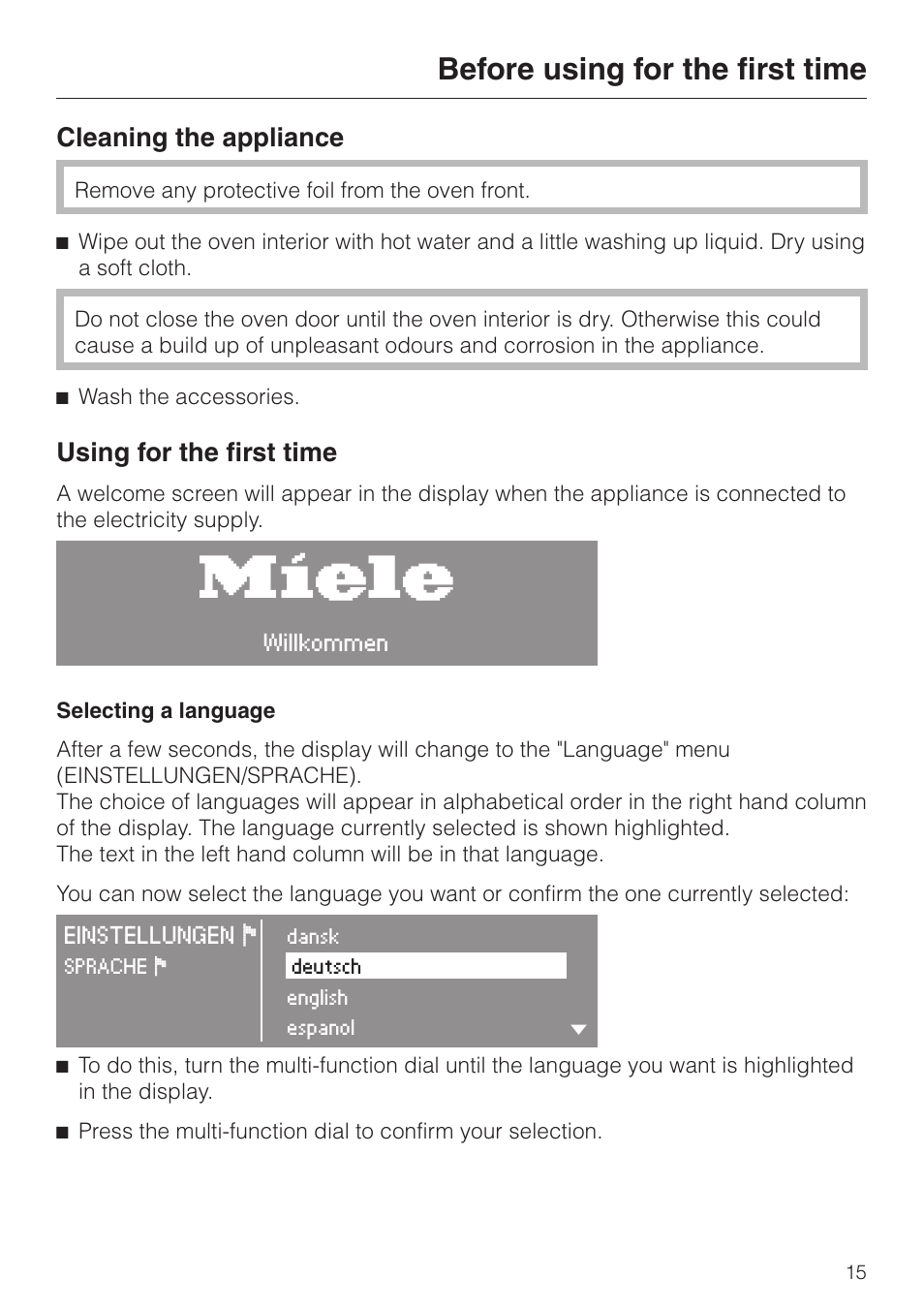 Before using for the first time 15, Cleaning the appliance 15, Using for the first time 15 | Selecting a language 15, Before using for the first time, Cleaning the appliance, Using for the first time | Miele H 4050 BM User Manual | Page 15 / 80