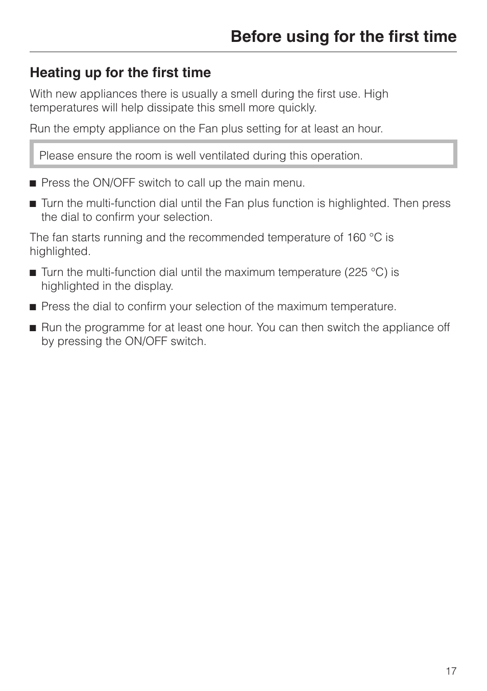 Heating up for the first time 17, Before using for the first time, Heating up for the first time | Miele H 4050 BM User Manual | Page 17 / 80