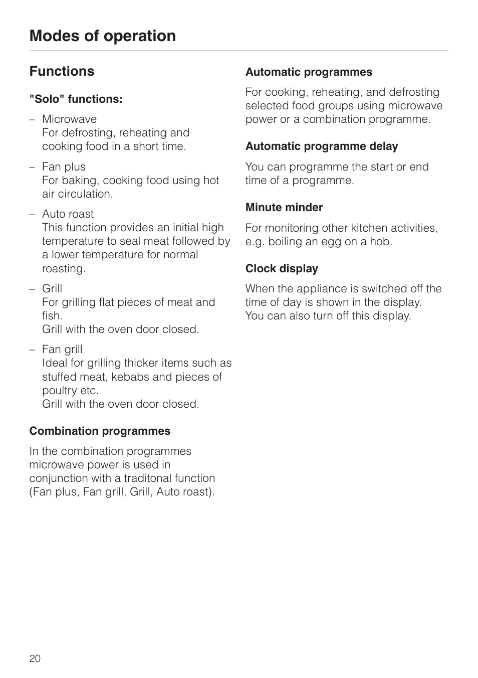 Modes of operation 20, Modes of operation, Functions | Miele H 4050 BM User Manual | Page 20 / 80