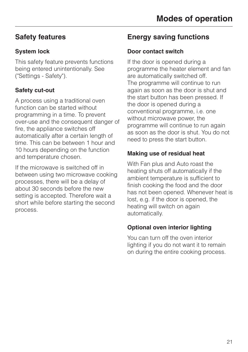 Modes of operation, Safety features, Energy saving functions | Miele H 4050 BM User Manual | Page 21 / 80