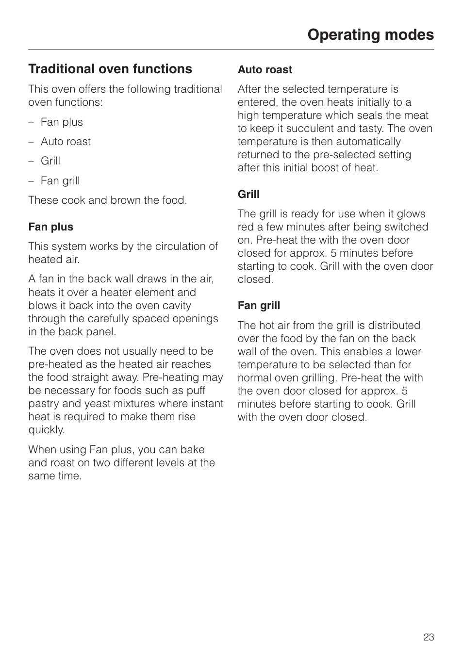 Traditional oven functions 23, Fan plus 23, Auto roast 23 | Grill 23, Fan grill 23, Operating modes, Traditional oven functions | Miele H 4050 BM User Manual | Page 23 / 80