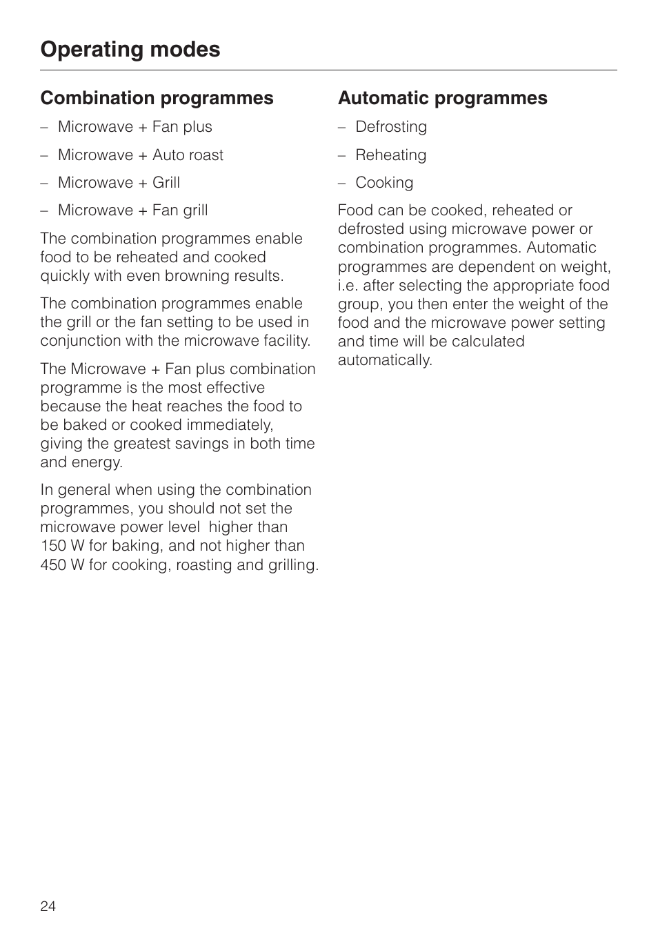 Combination programmes 24, Automatic programmes 24, Operating modes | Combination programmes, Automatic programmes | Miele H 4050 BM User Manual | Page 24 / 80