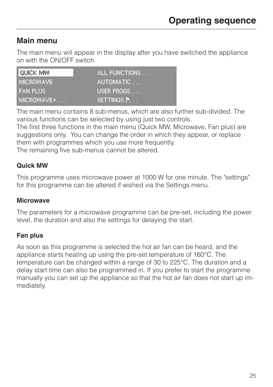 Operating sequence 25, Operating sequence, Main menu | Miele H 4050 BM User Manual | Page 25 / 80