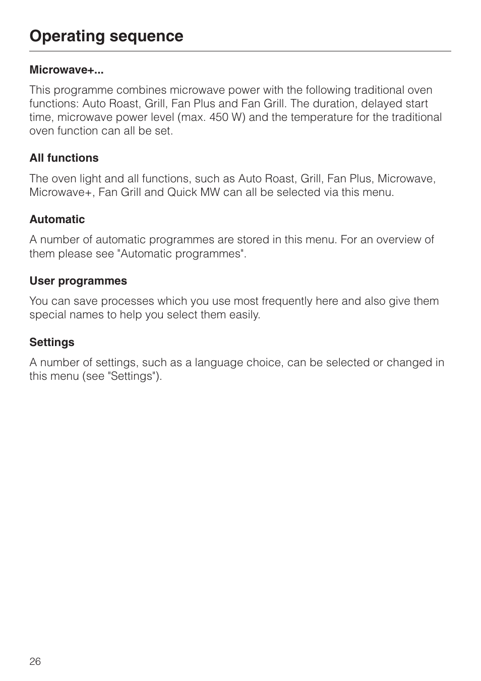 Operating sequence | Miele H 4050 BM User Manual | Page 26 / 80