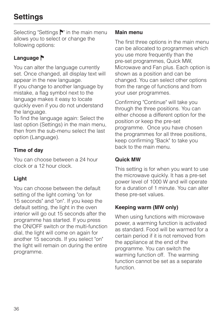Settings 36, Settings | Miele H 4050 BM User Manual | Page 36 / 80