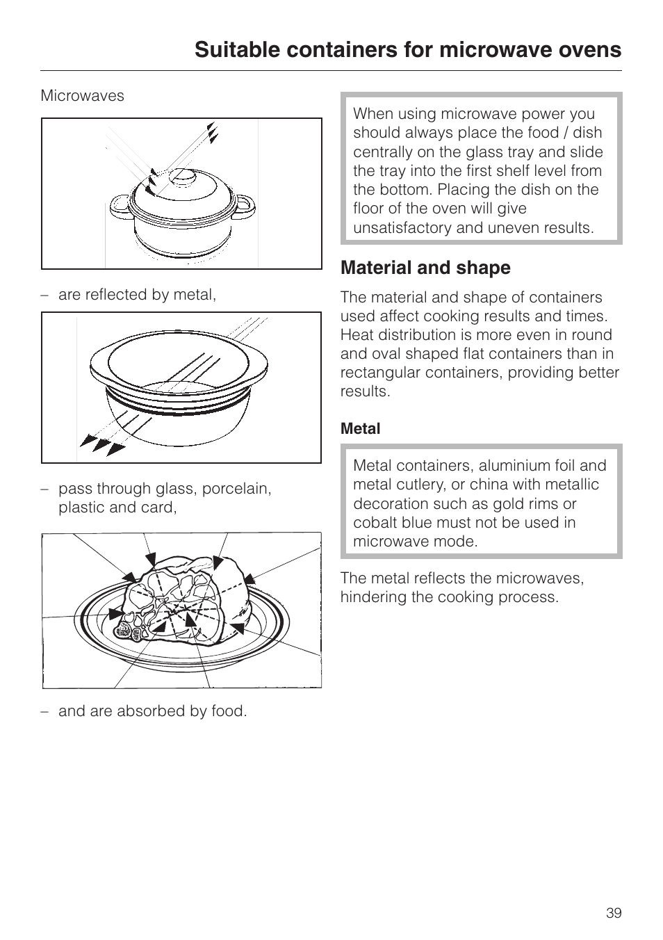 Suitable containers for microwave ovens 39, Material and shape 39, Suitable containers for microwave ovens | Material and shape | Miele H 4050 BM User Manual | Page 39 / 80