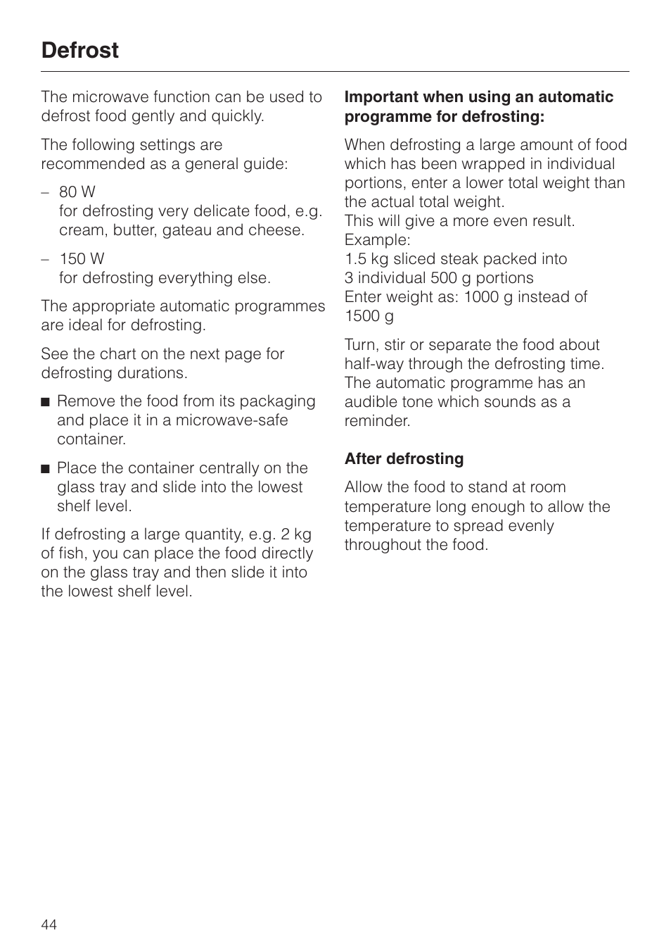 Defrost 44, Defrost | Miele H 4050 BM User Manual | Page 44 / 80