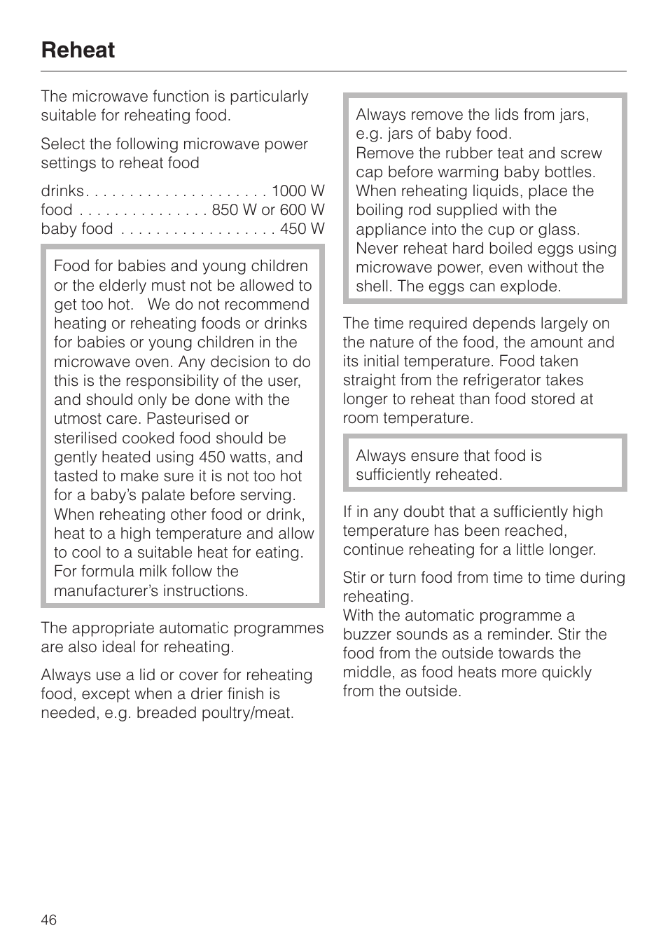 Reheat 46, Reheat | Miele H 4050 BM User Manual | Page 46 / 80