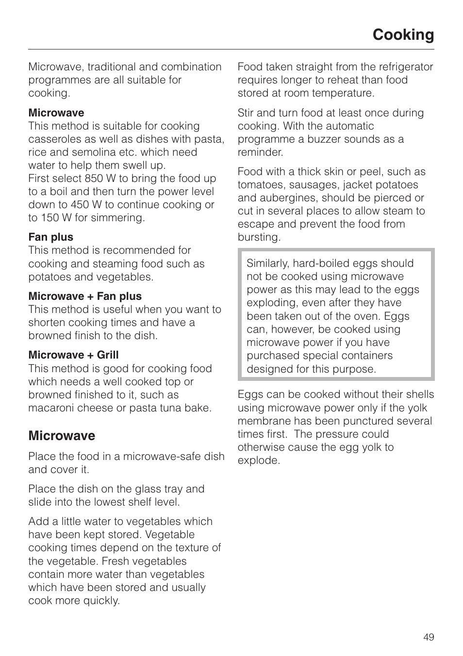 Cooking 49, Cooking, Microwave | Miele H 4050 BM User Manual | Page 49 / 80