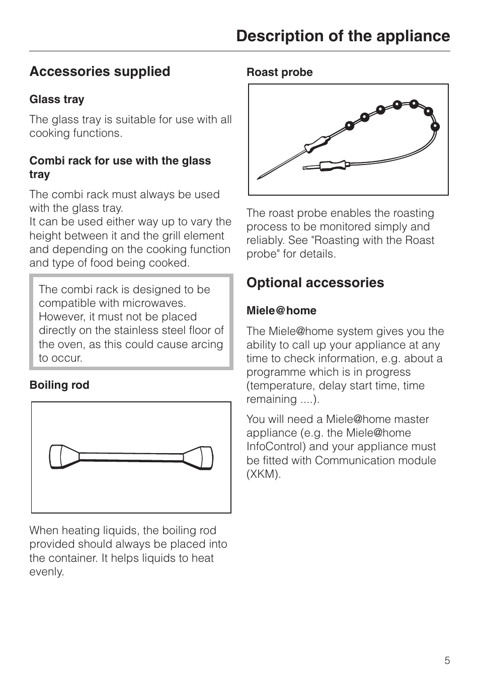 Description of the appliance, Accessories supplied, Optional accessories | Miele H 4050 BM User Manual | Page 5 / 80