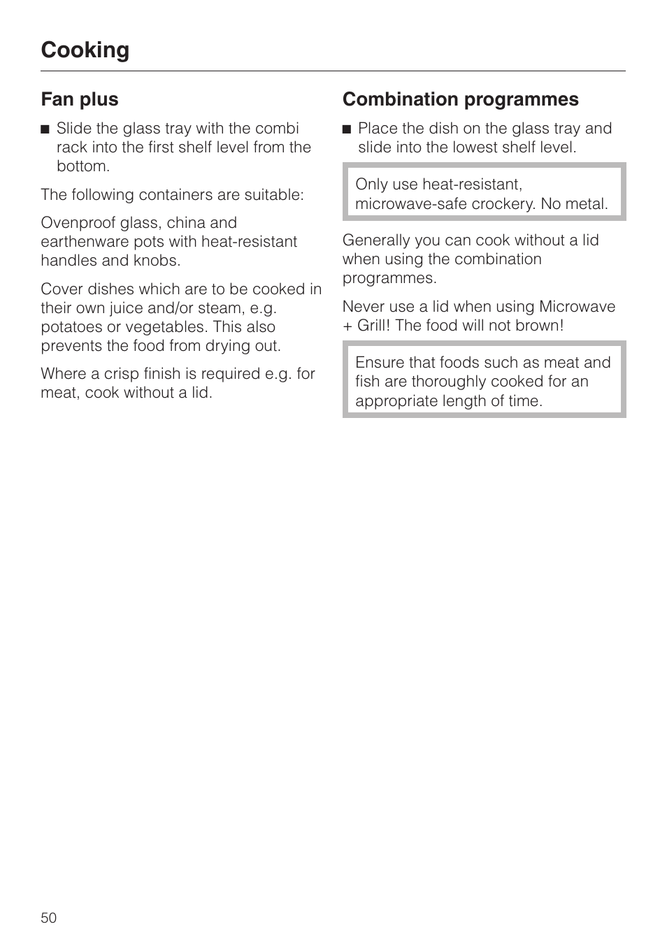 Cooking, Fan plus, Combination programmes | Miele H 4050 BM User Manual | Page 50 / 80