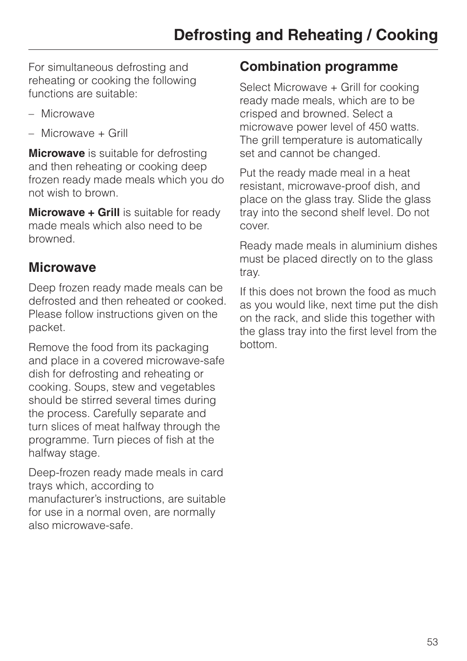 Defrosting and reheating / cooking 53, Defrosting and reheating / cooking, Microwave | Combination programme | Miele H 4050 BM User Manual | Page 53 / 80