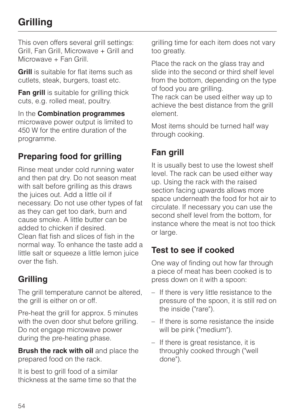 Grilling 54, Preparing food for grilling, Grilling | Fan grill, Test to see if cooked | Miele H 4050 BM User Manual | Page 54 / 80