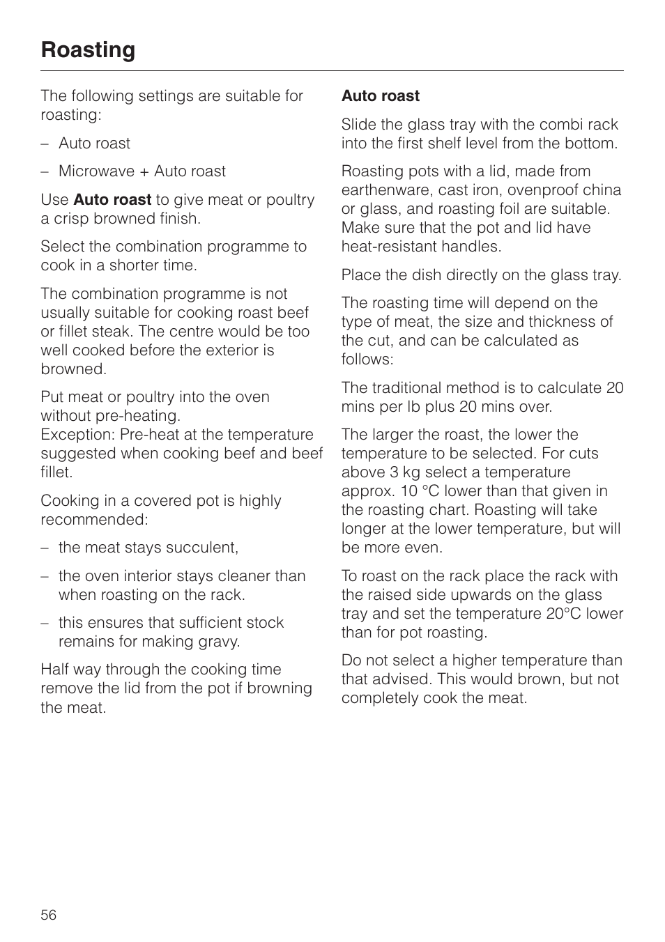 Roasting 56, Roasting | Miele H 4050 BM User Manual | Page 56 / 80