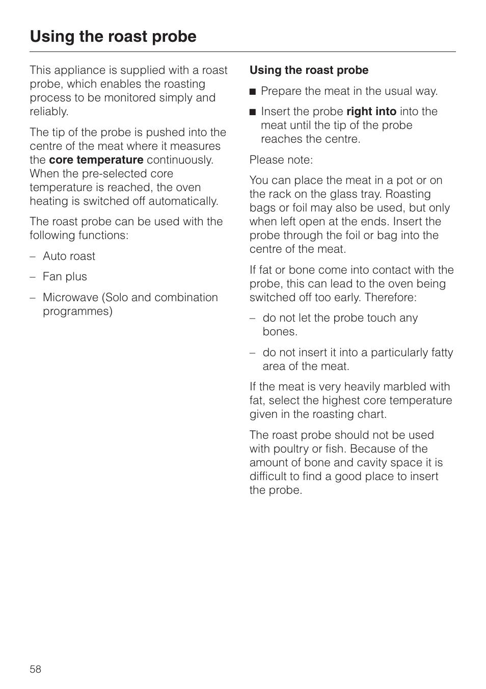 Using the roast probe 58, Using the roast probe | Miele H 4050 BM User Manual | Page 58 / 80