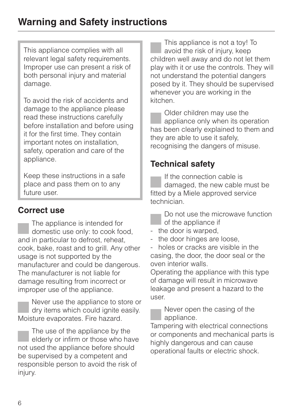 Warning and safety instructions 6, Warning and safety instructions, Correct use | Technical safety | Miele H 4050 BM User Manual | Page 6 / 80