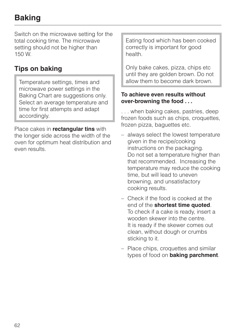 Baking, Tips on baking | Miele H 4050 BM User Manual | Page 62 / 80