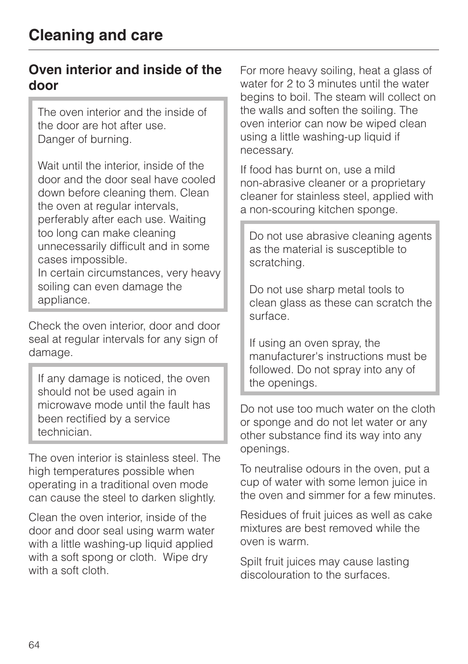 Cleaning and care 64, Oven interior and inside of the door 64, Cleaning and care | Oven interior and inside of the door | Miele H 4050 BM User Manual | Page 64 / 80