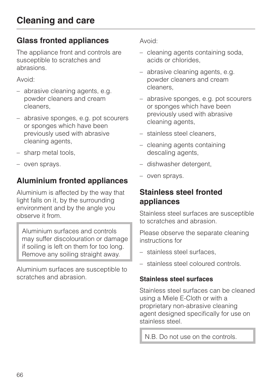 Cleaning and care, Glass fronted appliances, Aluminium fronted appliances | Stainless steel fronted appliances | Miele H 4050 BM User Manual | Page 66 / 80