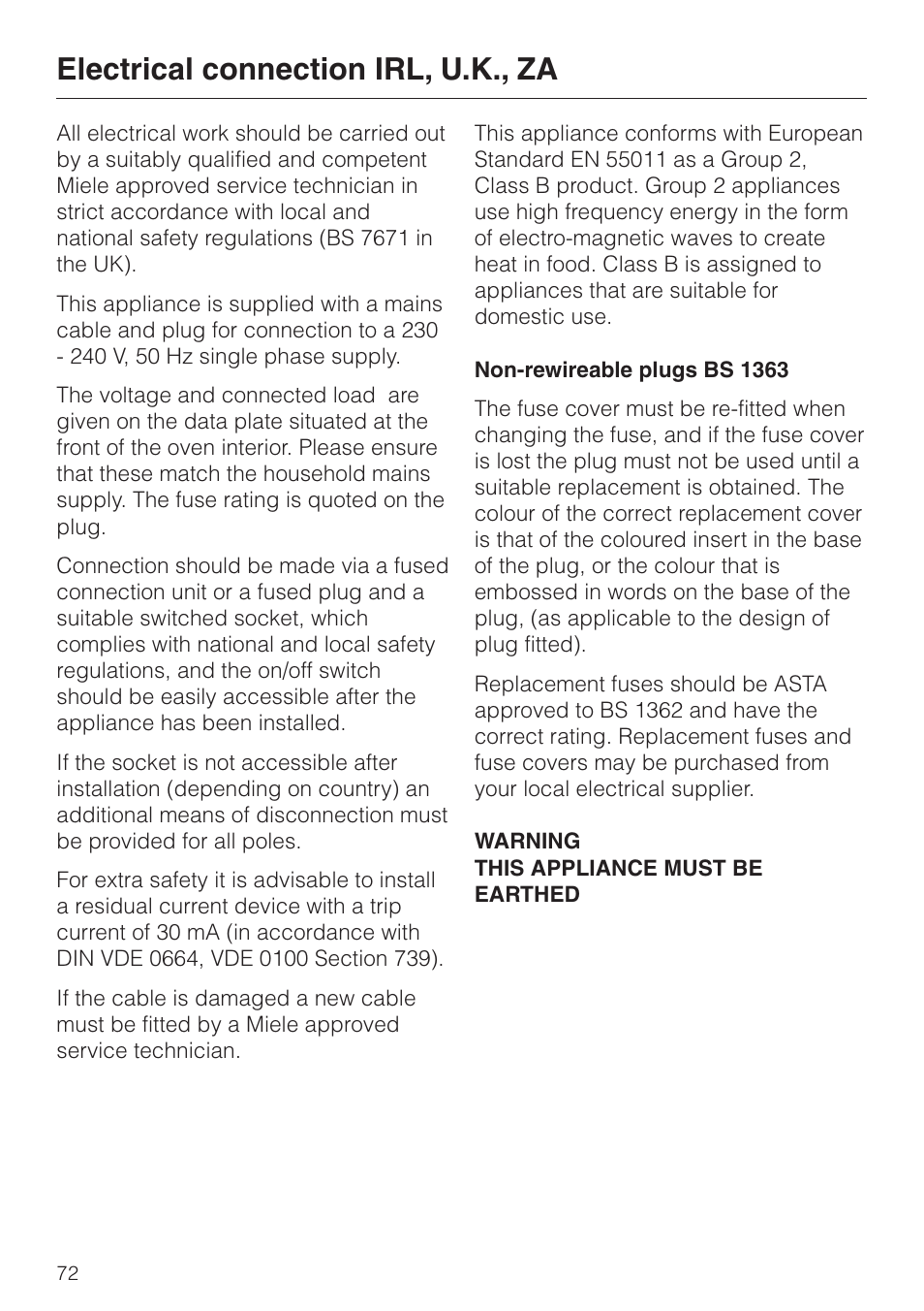 Electrical connection irl, u.k., za 72, Electrical connection irl, u.k., za | Miele H 4050 BM User Manual | Page 72 / 80