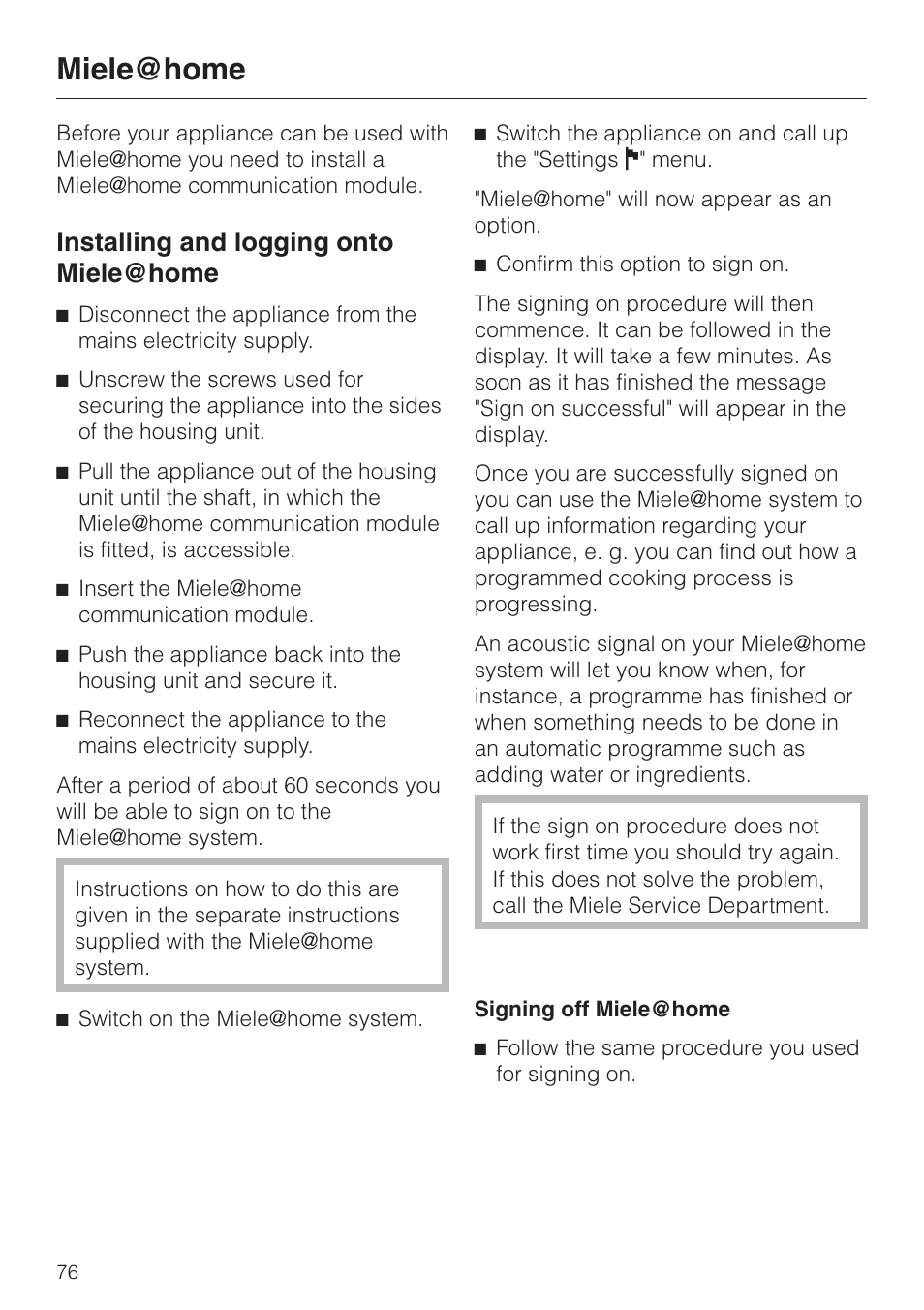 Miele { home 76, Miele { home, Installing and logging onto miele { home | Miele H 4050 BM User Manual | Page 76 / 80