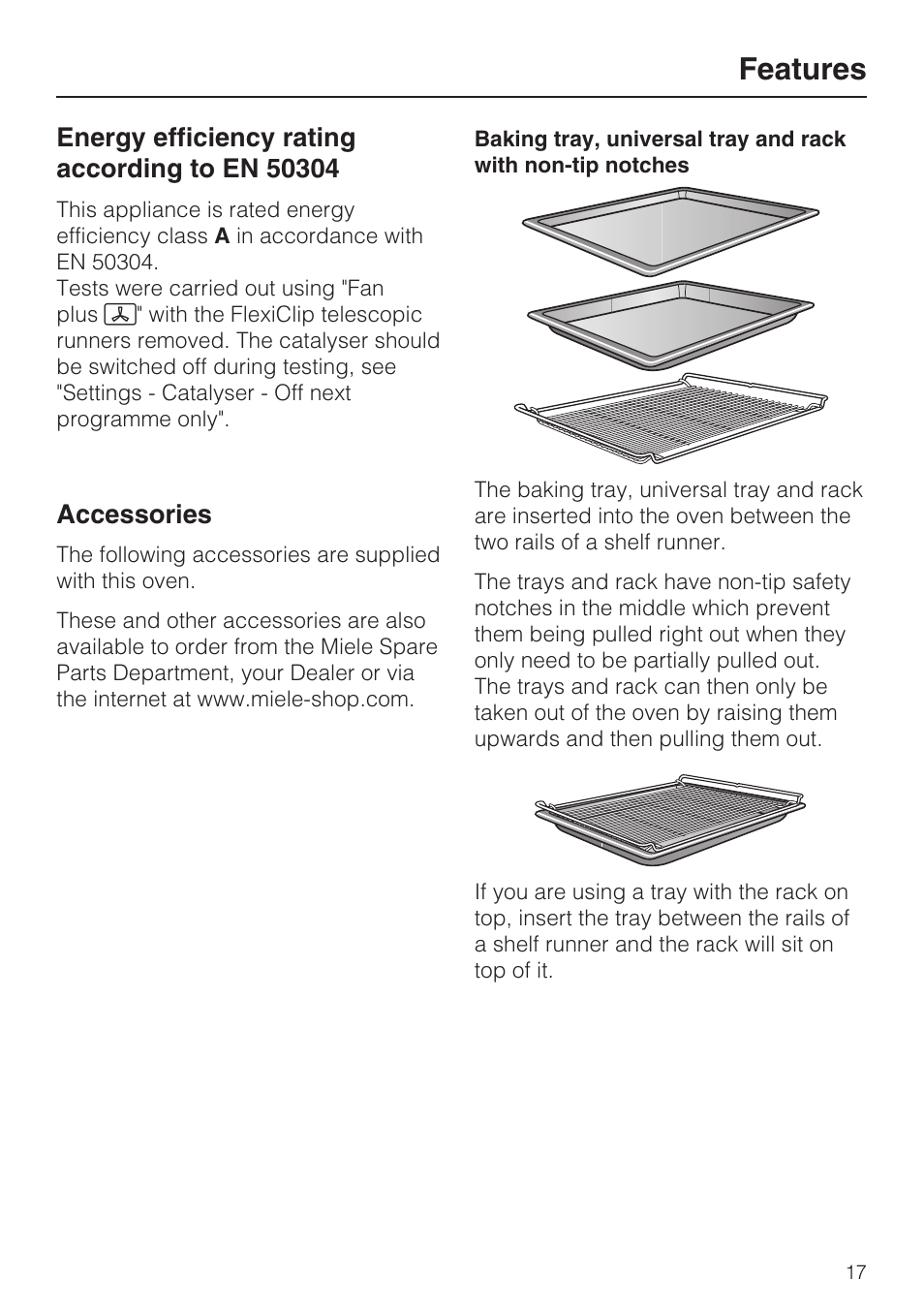 Energy efficiency rating according to en 50304 17, Accessories 17, Features | Accessories | Miele H 5688 BP EN User Manual | Page 17 / 84