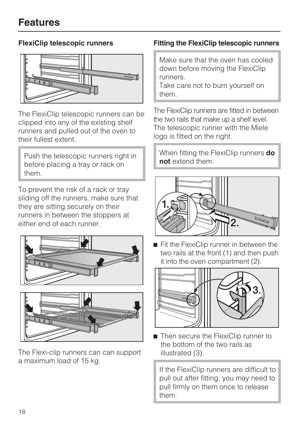 Flexiclip telescopic runners 18, Fitting the flexiclip telescopic runners 18, Features | Miele H 5688 BP EN User Manual | Page 18 / 84