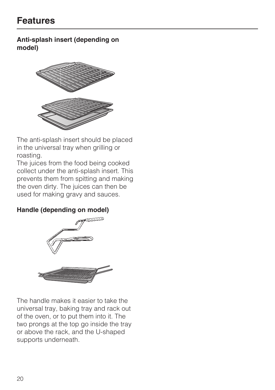 Anti-splash insert (depending on model) 20, Handle (depending on model) 20, Features | Miele H 5688 BP EN User Manual | Page 20 / 84